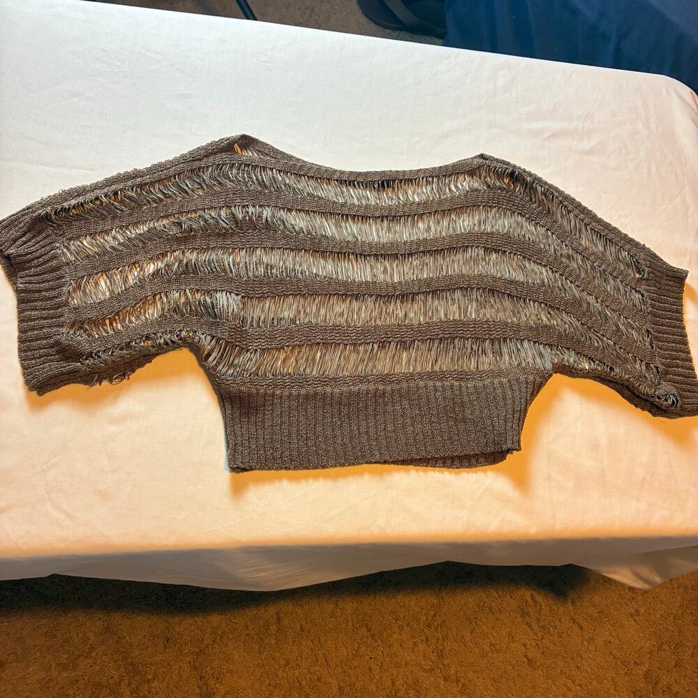 Y2K ETC Brown Open Knit Dolman Sleeve Crop Sweater Boho Festival Top